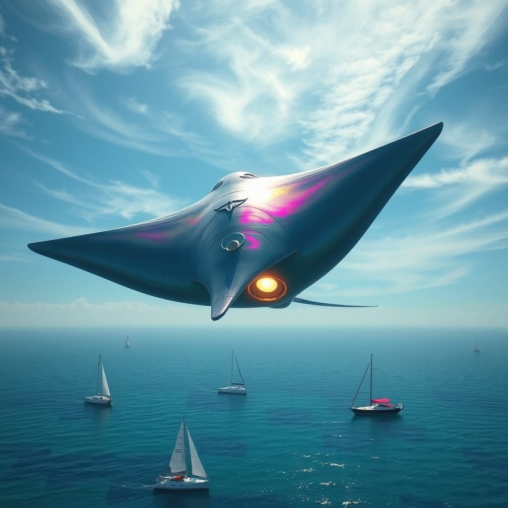 Manta Ray Spaceship Hovers Above Ocean in Intricate Detail