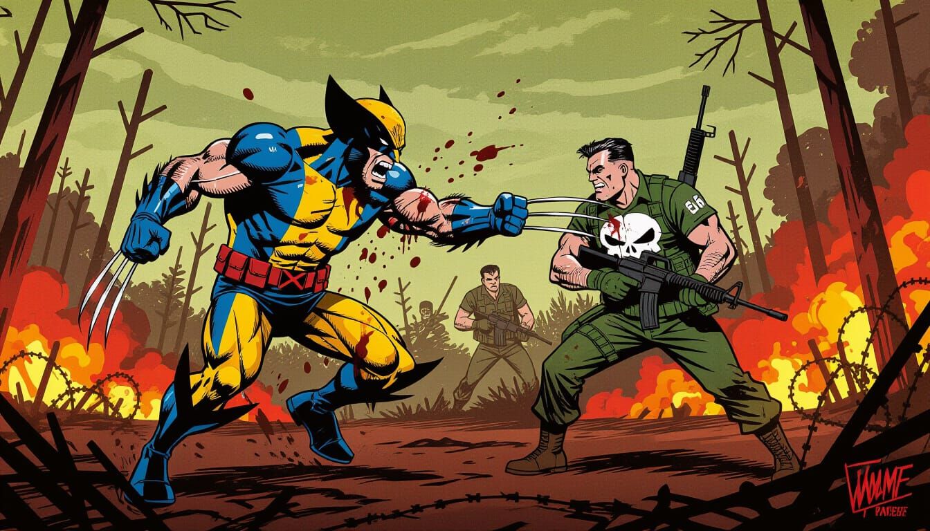 Wolverine and Punisher Battle in Gritty Vietnam Jungle