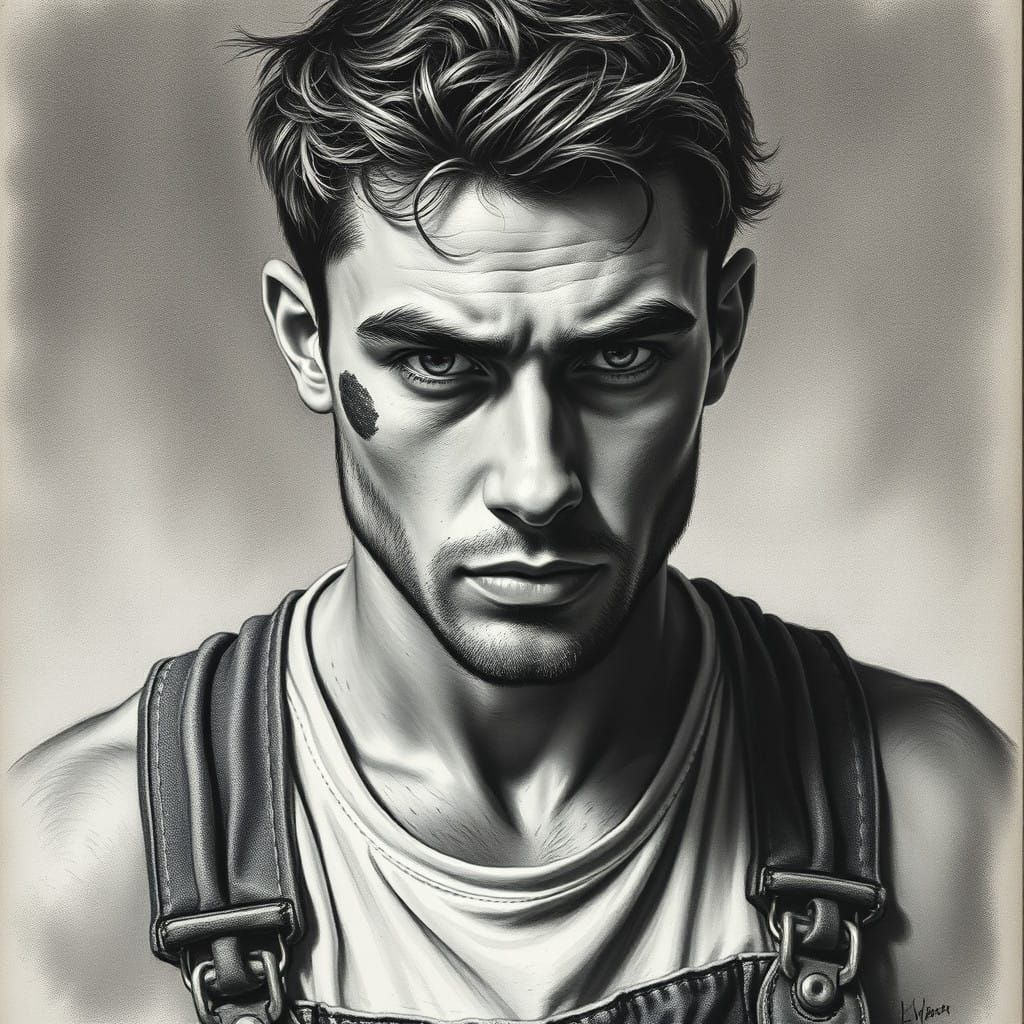Weathered Coal Miner in Charcoal Hyperrealism