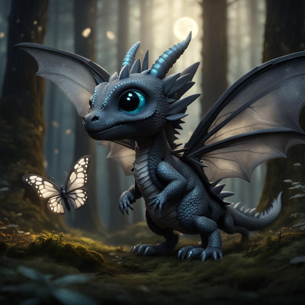 Cute Dragon with Butterfly Wings in Forest