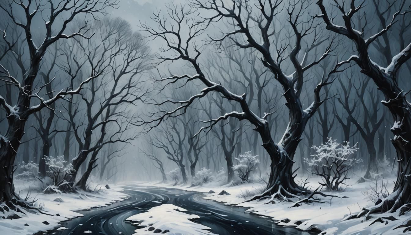 Eerie Blizzard in Dark Fantasy Landscape