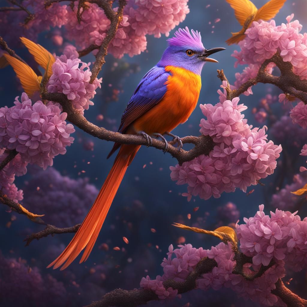 Royal Flycatcher on Blossoming Peach Tree, Digital Art