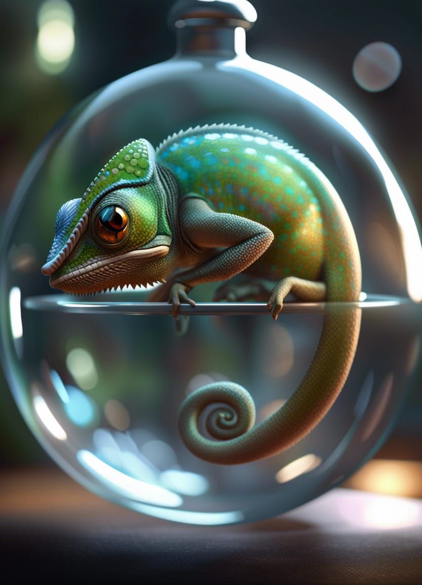 Chameleon Curled in Glass Bauble, 3D Render