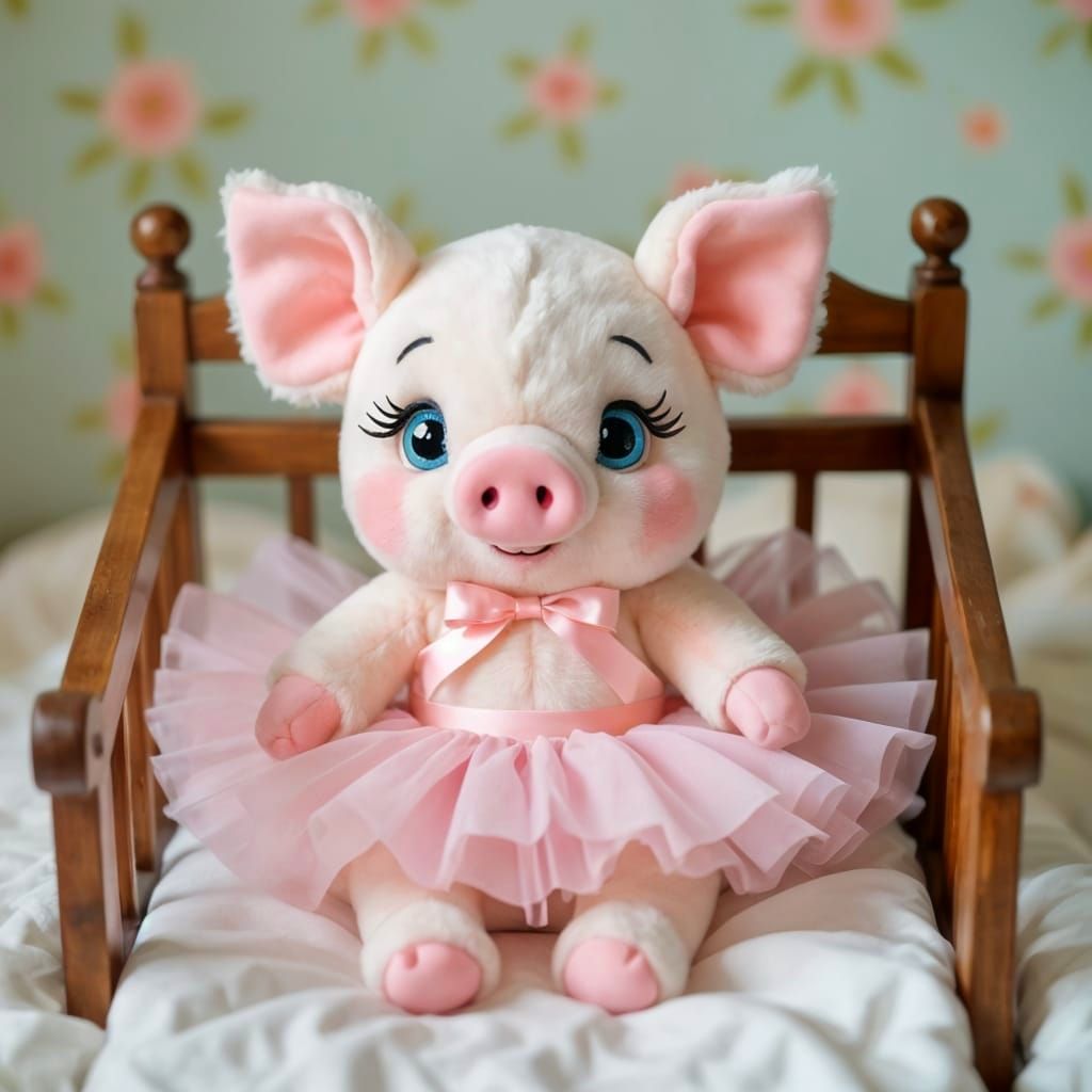 Anthropomorphic Pig Plush Toy in Cradle