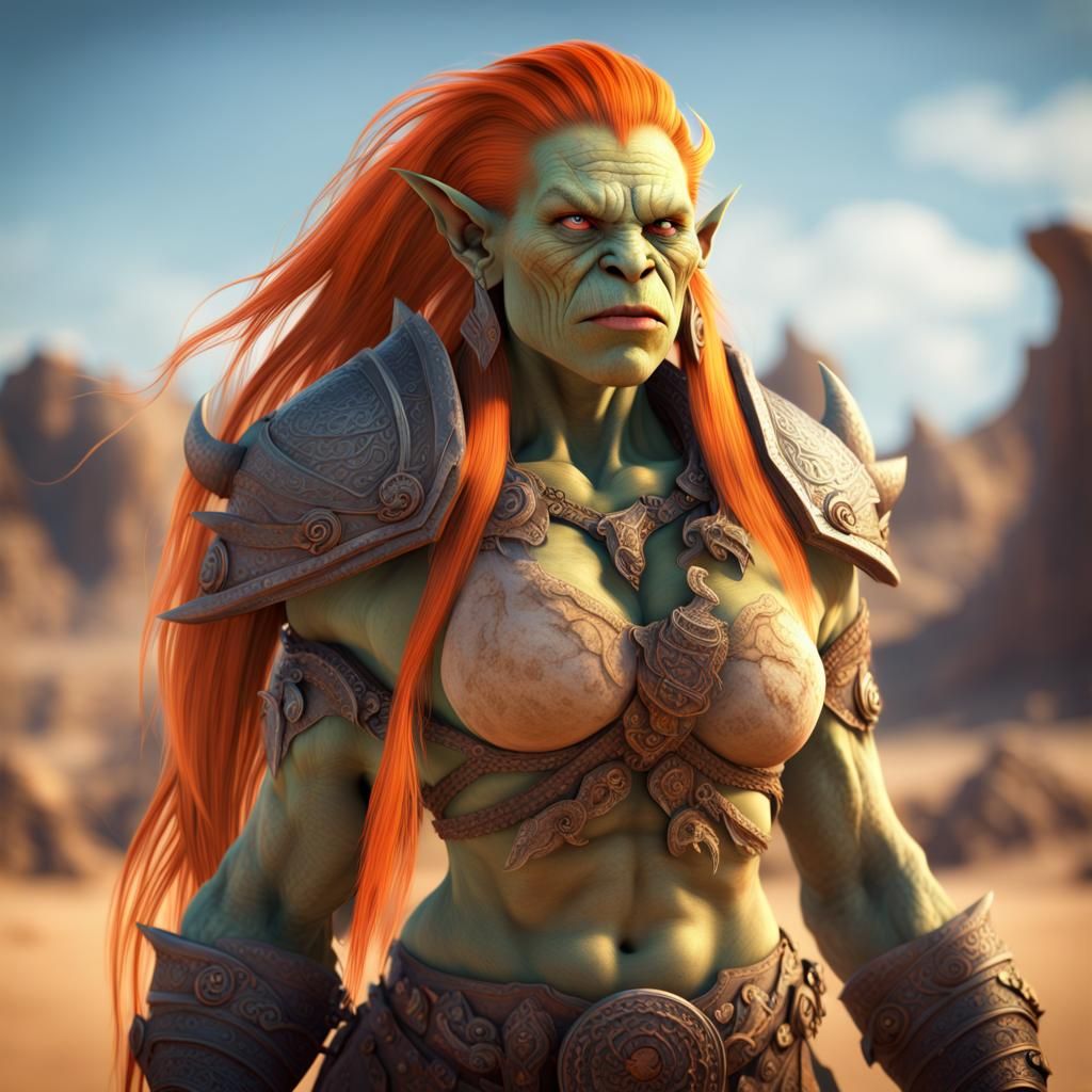 Cute Orc Barbarian with Orange Hair in Desert