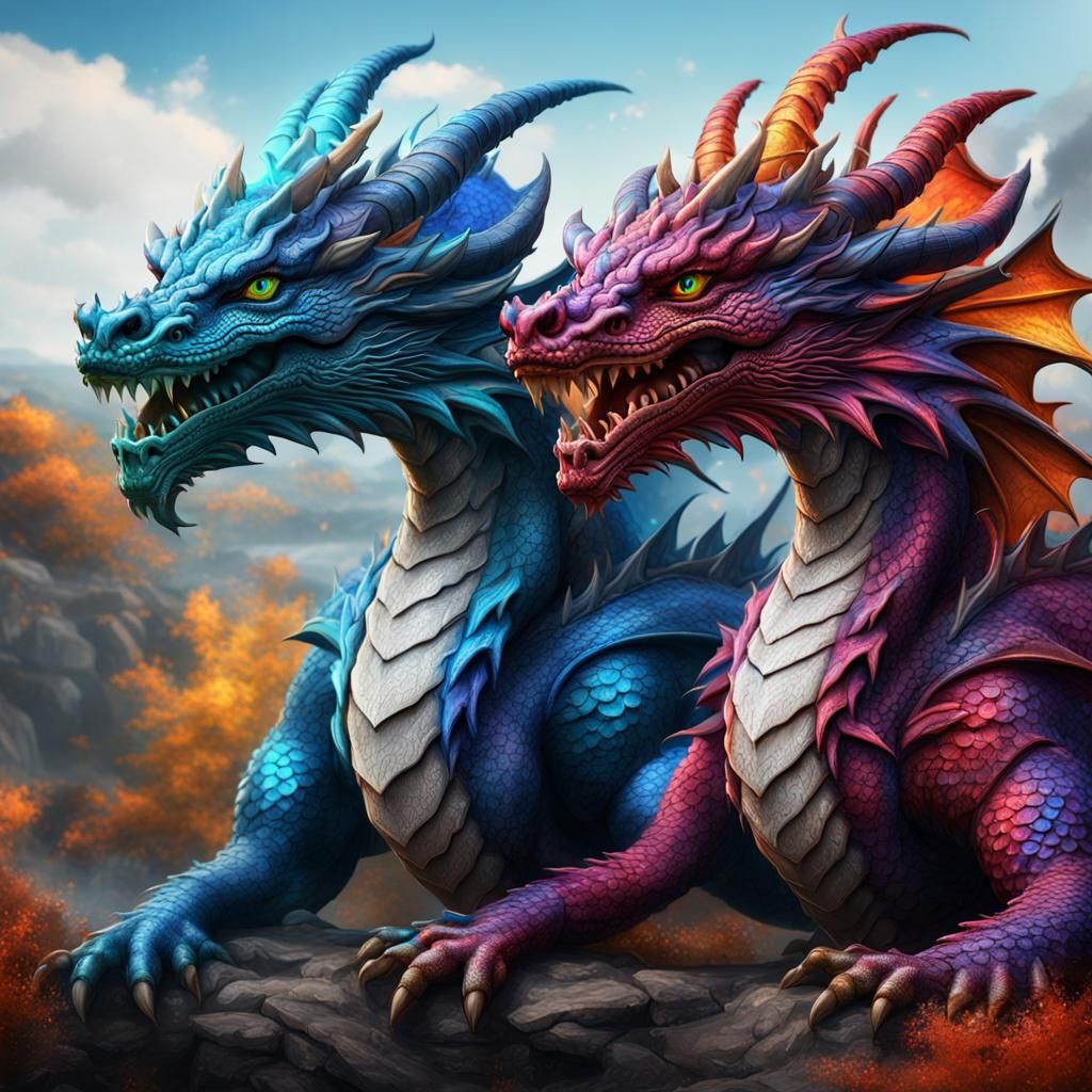 Two-Headed Dragon with Blue Eyes, Detailed Matte Painting