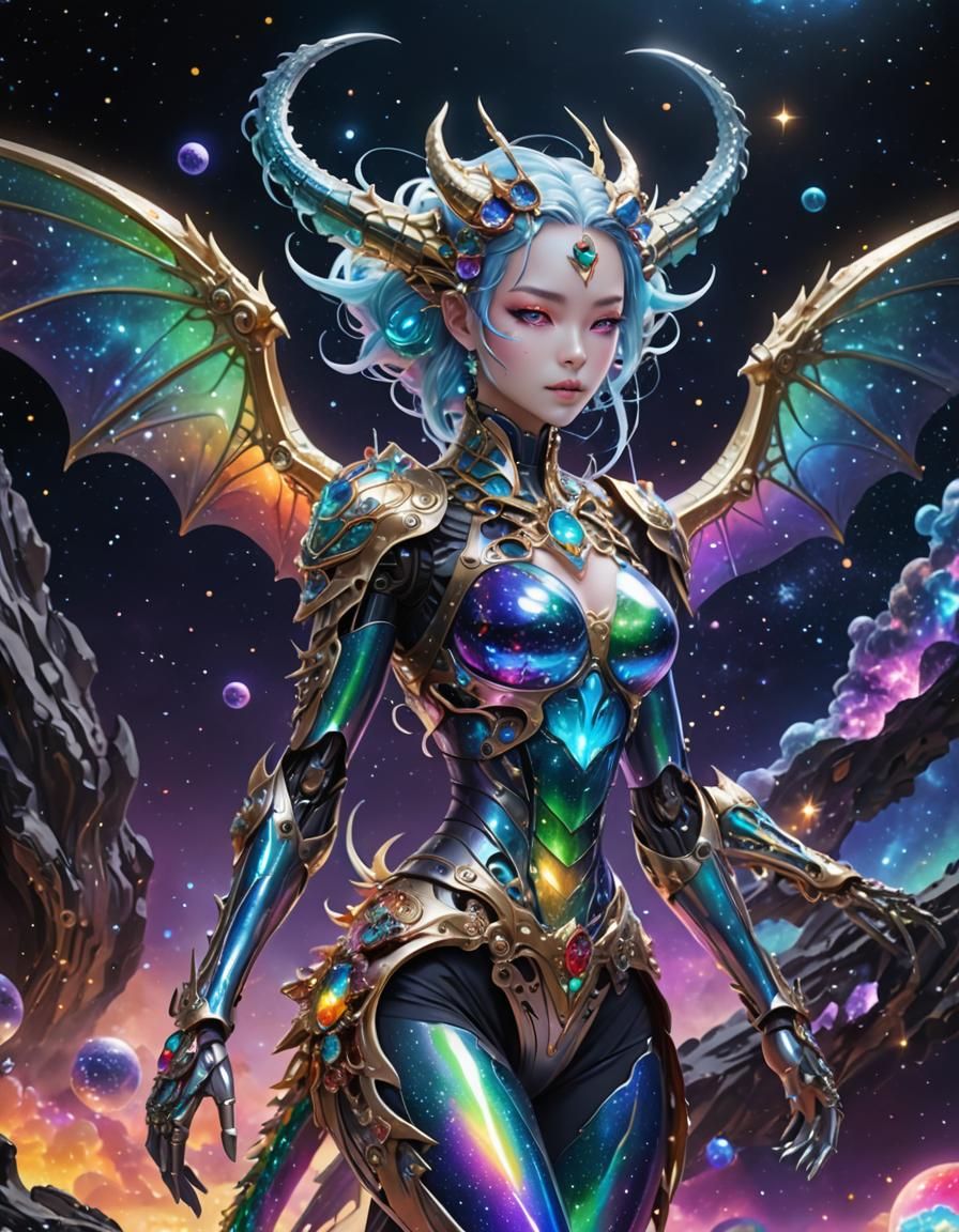 Rainbow Dragon Girl in Cosmic Astral Setting