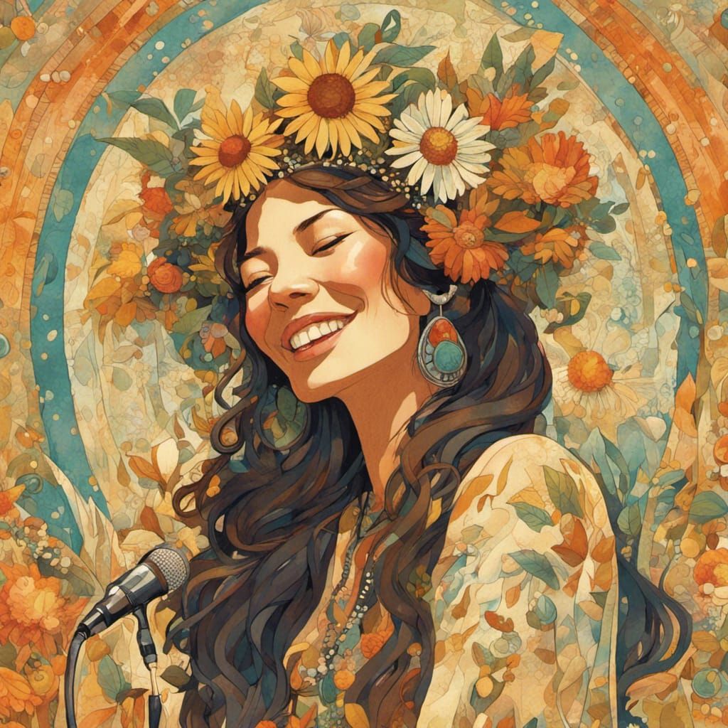 Joyful Bohemian Woman Singing on Stage Illustration