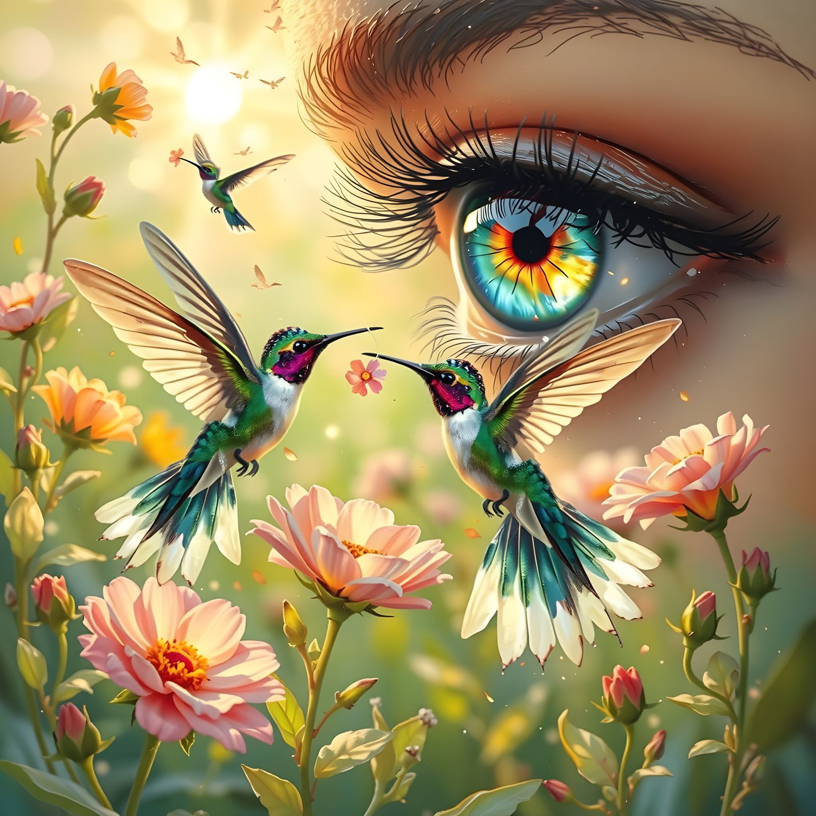 Miniature World in Hummingbird Eye, Alphonse Mucha Style