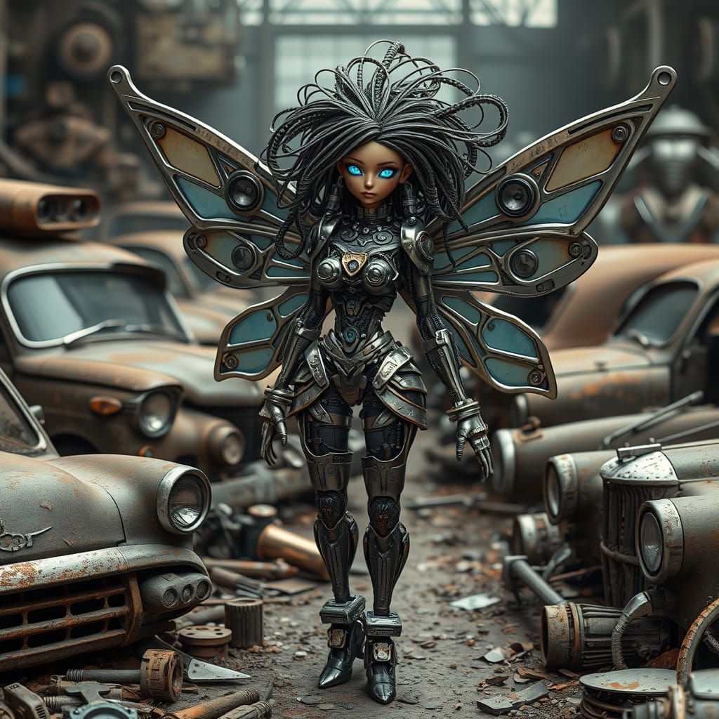 Automotive Fairy in Junkyard, Steampunk Dieselpunk Art
