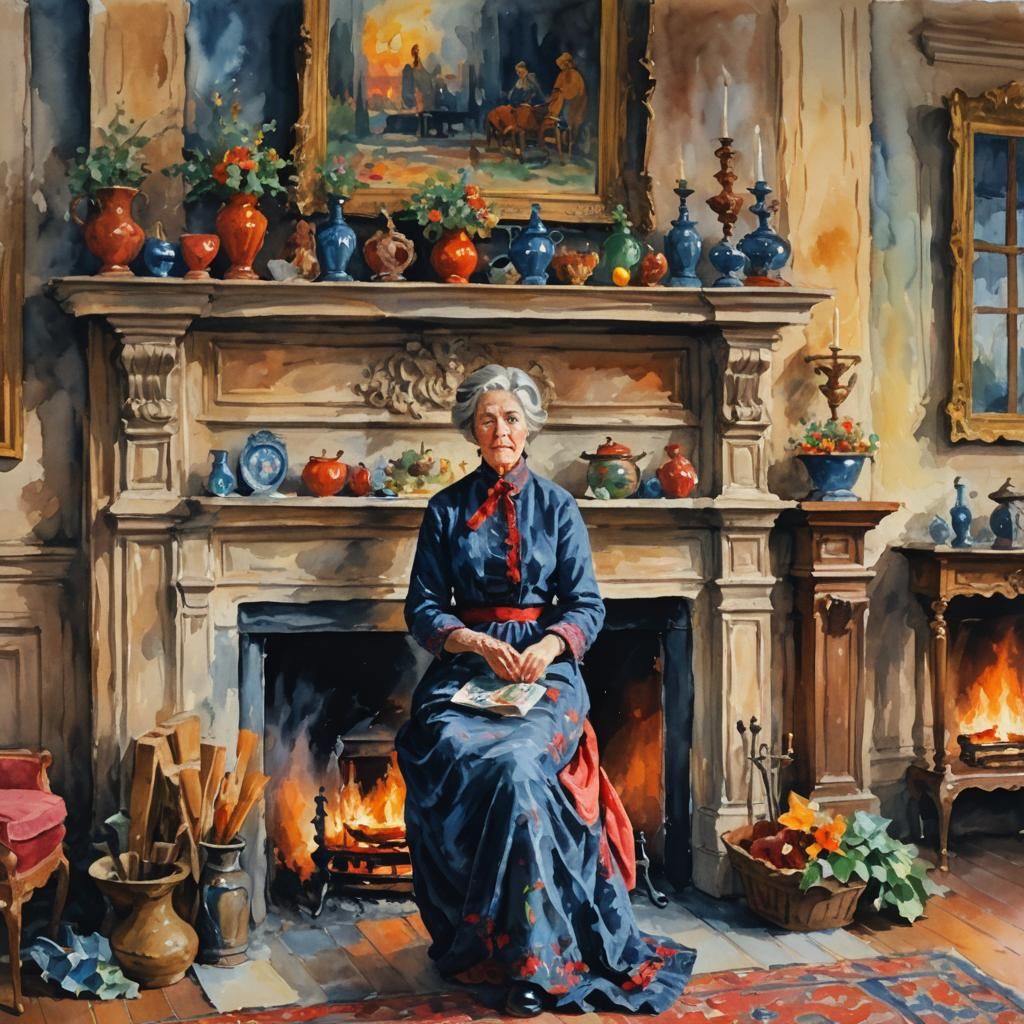 Lady by Fireplace as Gouache Watercolor Painting
