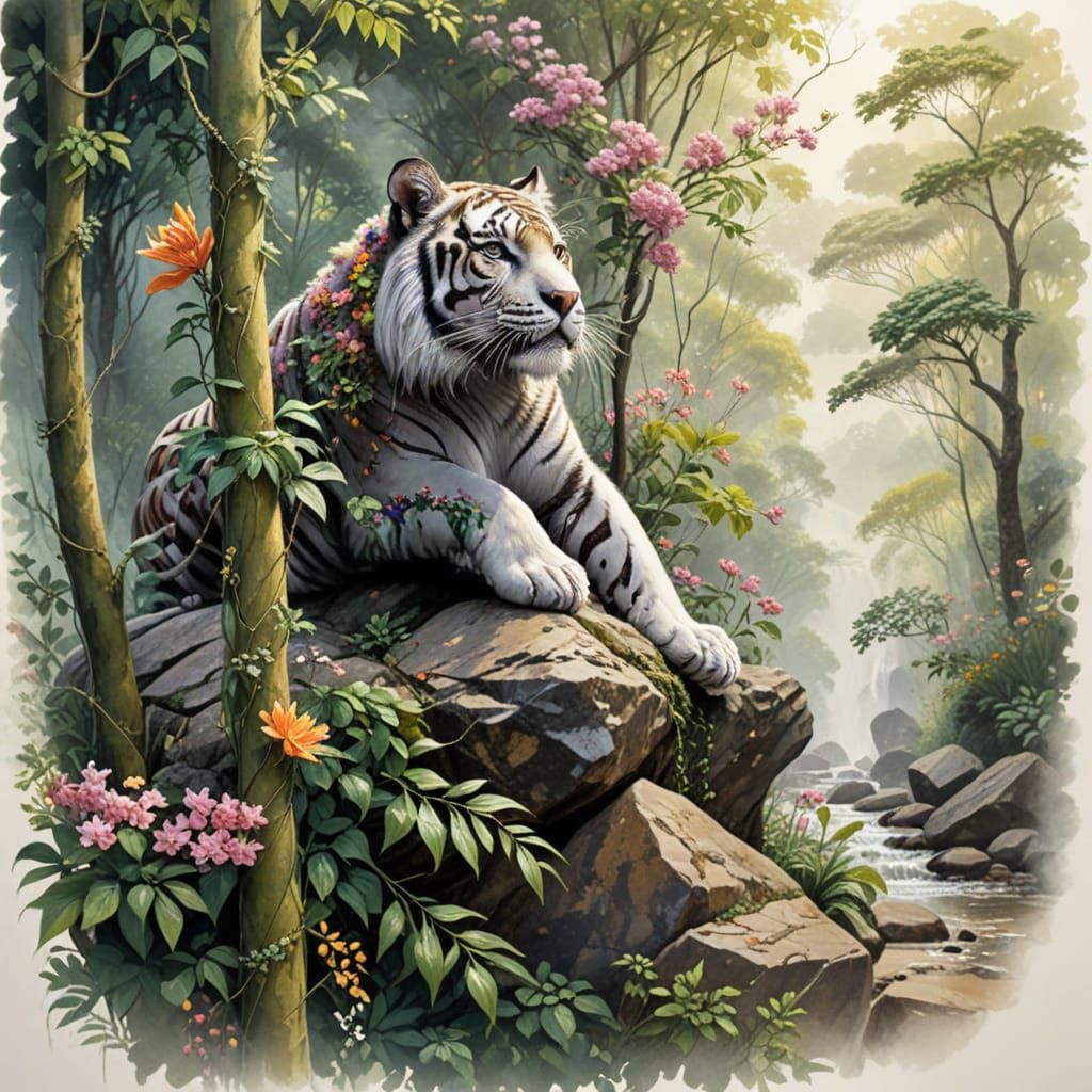 Wild Jungle Tiger Amidst Blooming Vines