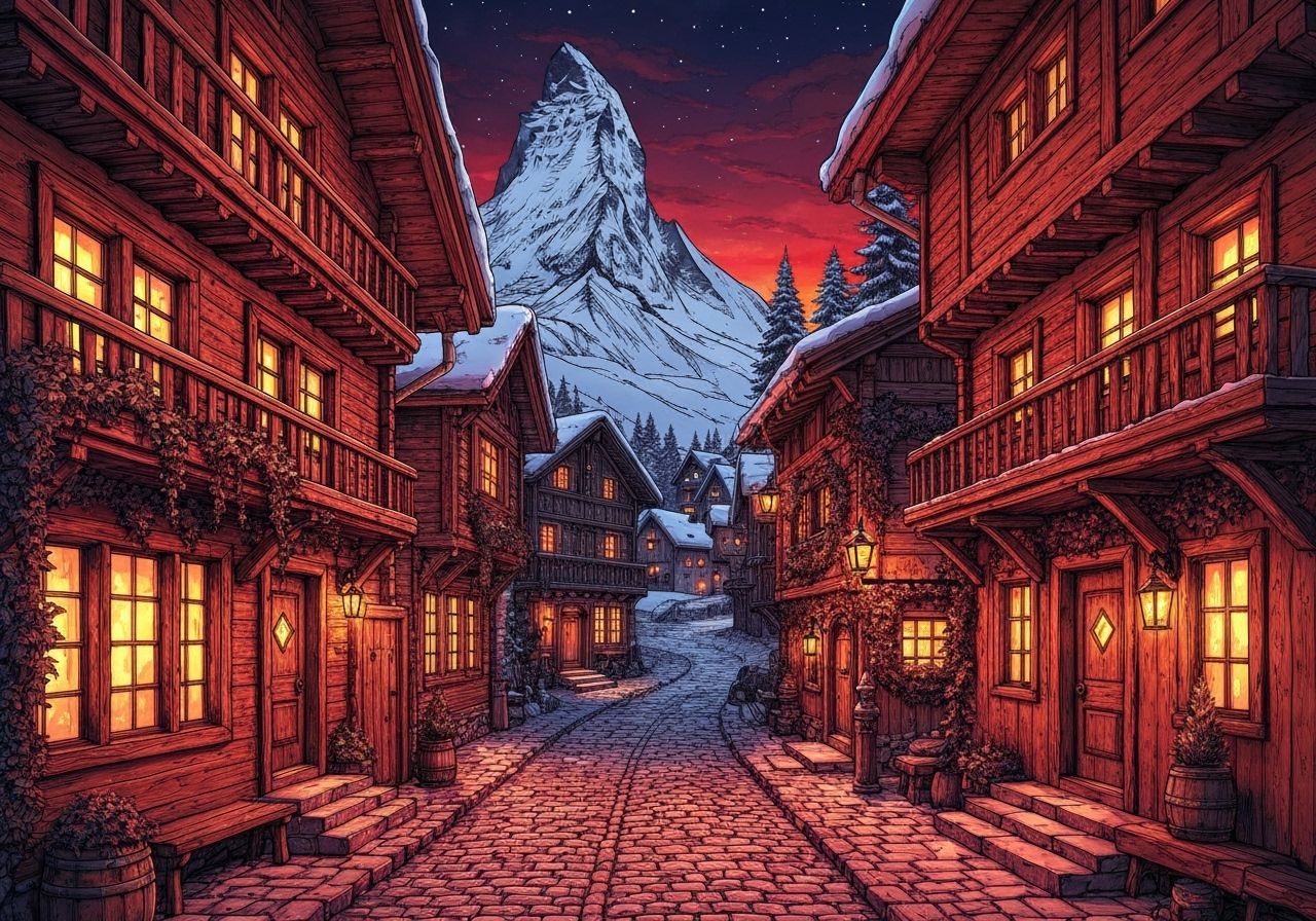 Cozy Snowy Medieval Village Under a Blood Moon