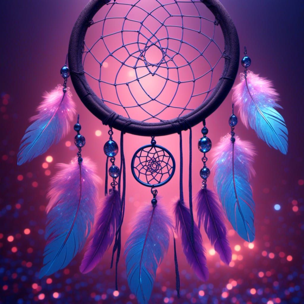 dreamcatcher, feathers, sparkle, pink, blue, purple glow, scenery <lora:Gridrunners v1:1.0>