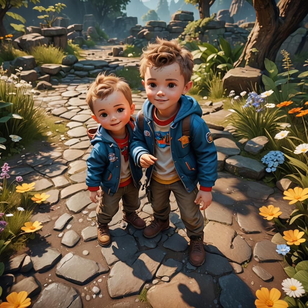 Adorable Twins' Loving Bond in Detailed 3D Render