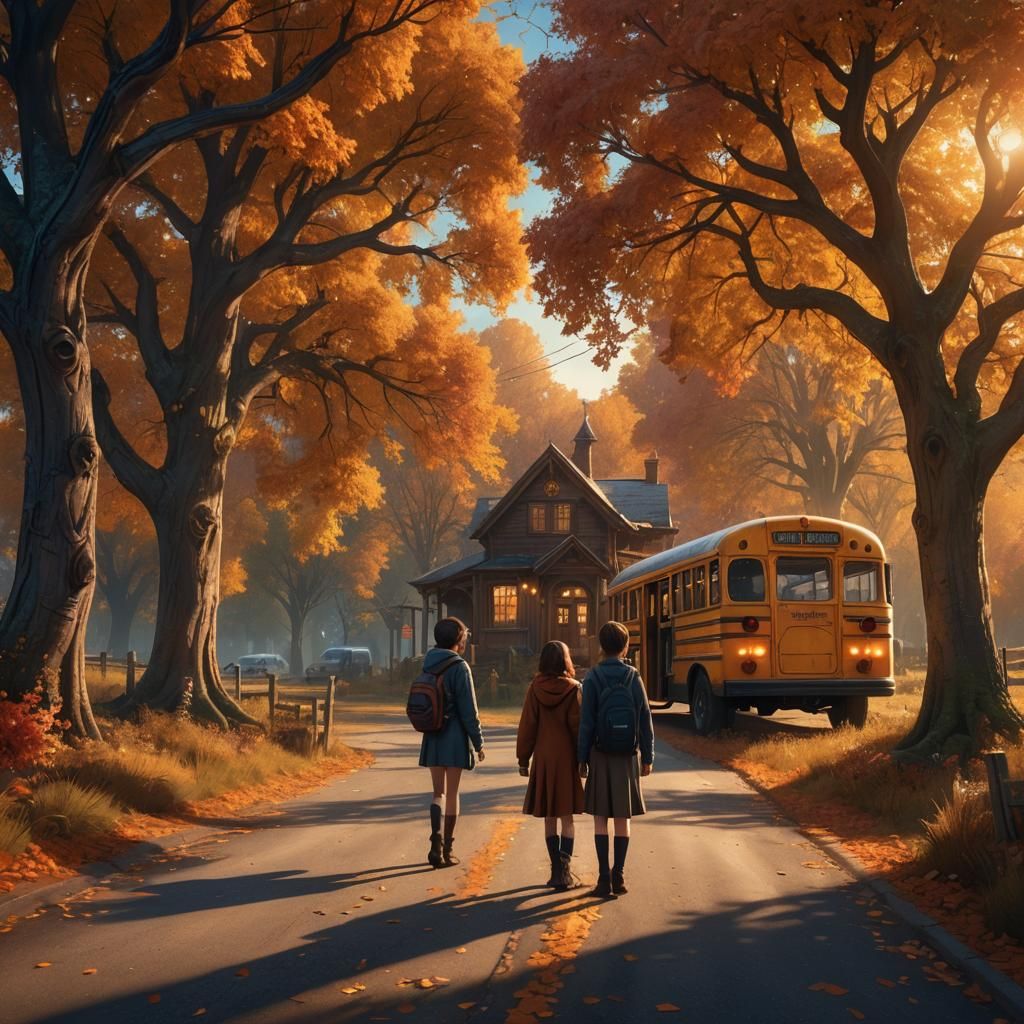 Magical School Bus Stop in Autumnal Fantasy
