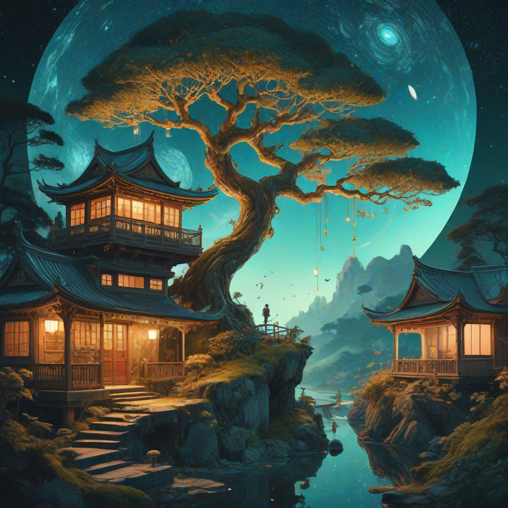 Ethereal Dreamscape of Ancient Bonsai and Victorian Cottages...
