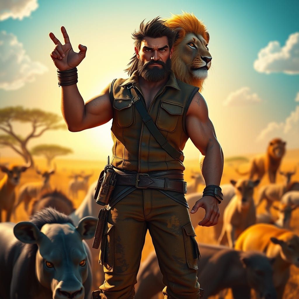 Heroic Animal Man Channels Lion's Power in Vibrant Savanna L...