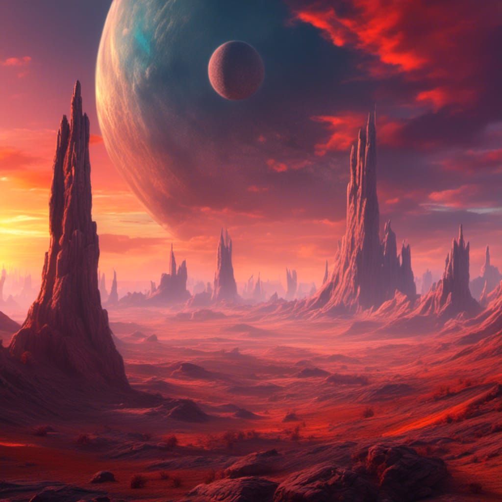Sunset landscape on an alien world