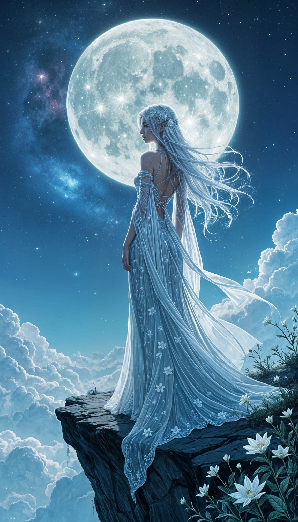 Elven Woman Overlooking a Starlit Cosmic Ocean