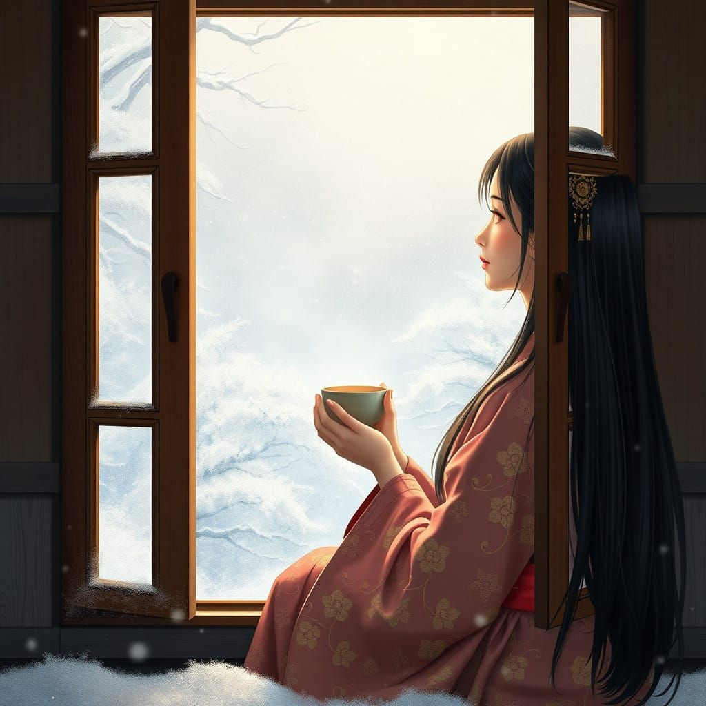 A Serene Snowy Winter Scene in Japanese Art Style