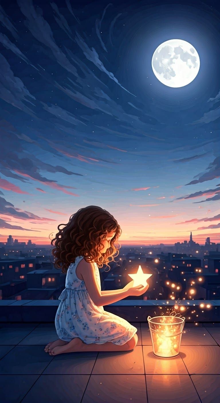 Young Girl Kneels on Rooftop Under Starry Night Sky
