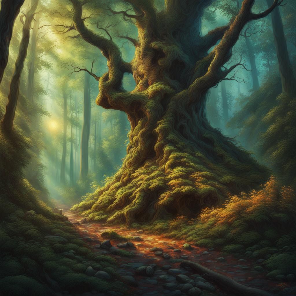 Hyperrealistic Mystical Forest in Pictorial Splash Art