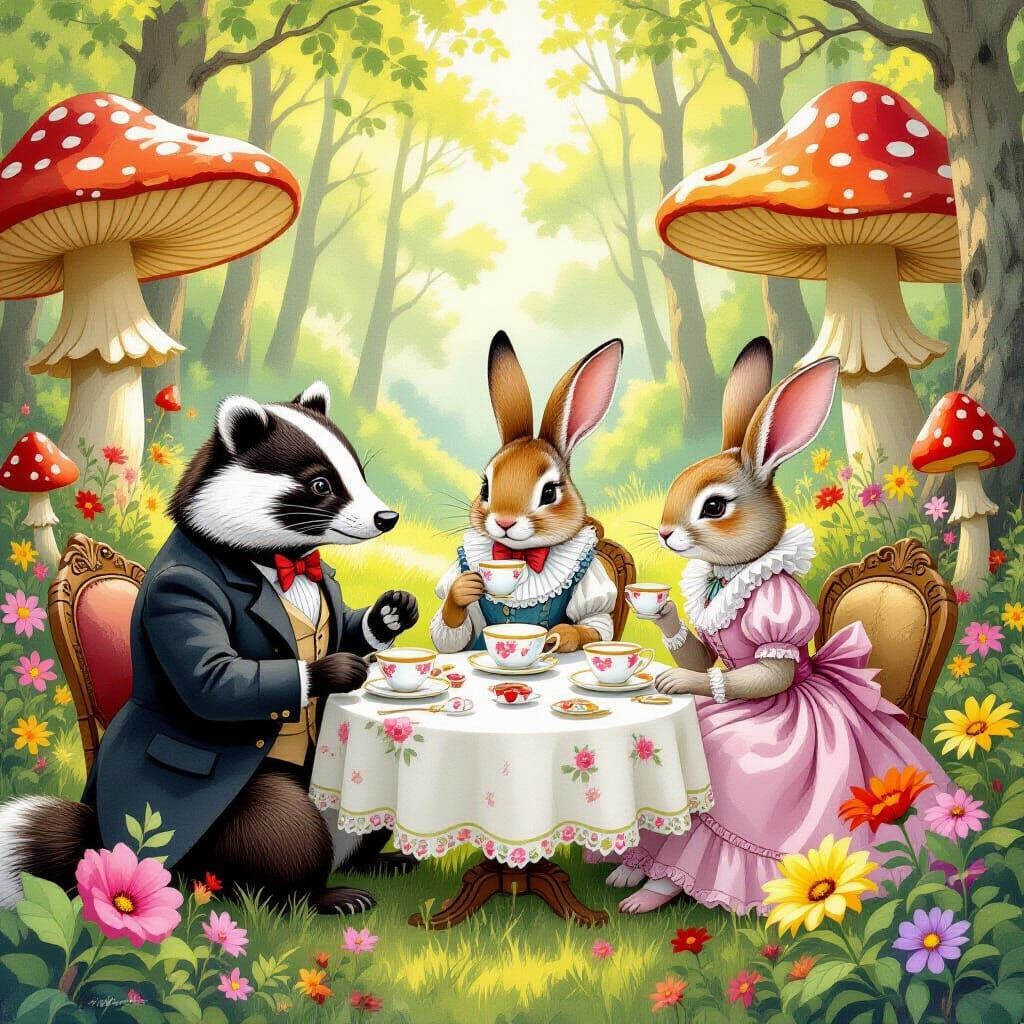 Woodland Creatures Tea Party in Magical Forest Clearing