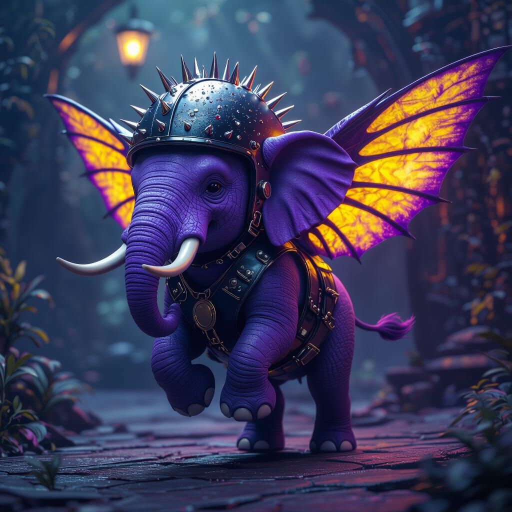 Flying Elephant Biker in Dark Fantasy Landscape