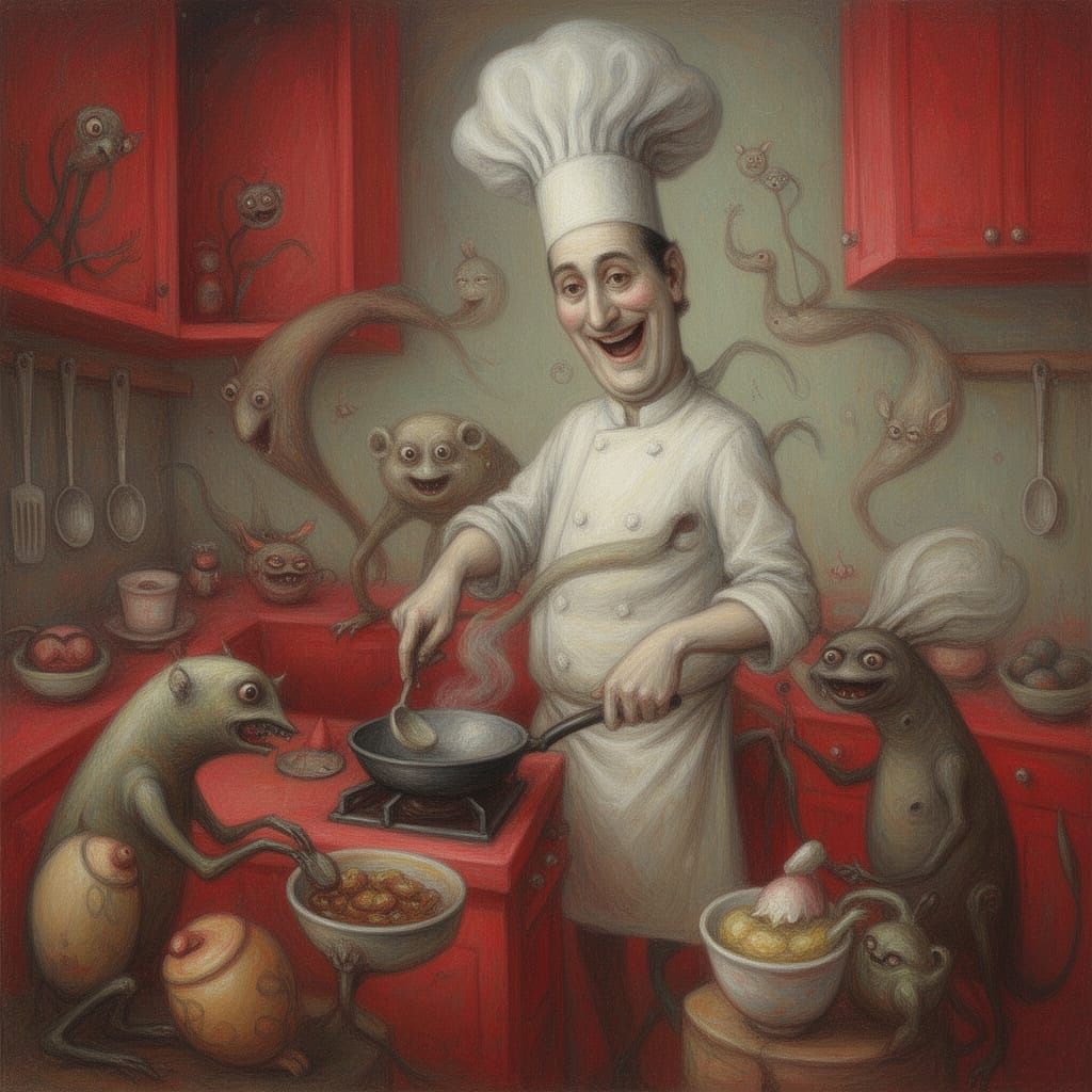 Surreal Chef Cooking with Creatures in Vibrant Kitchen