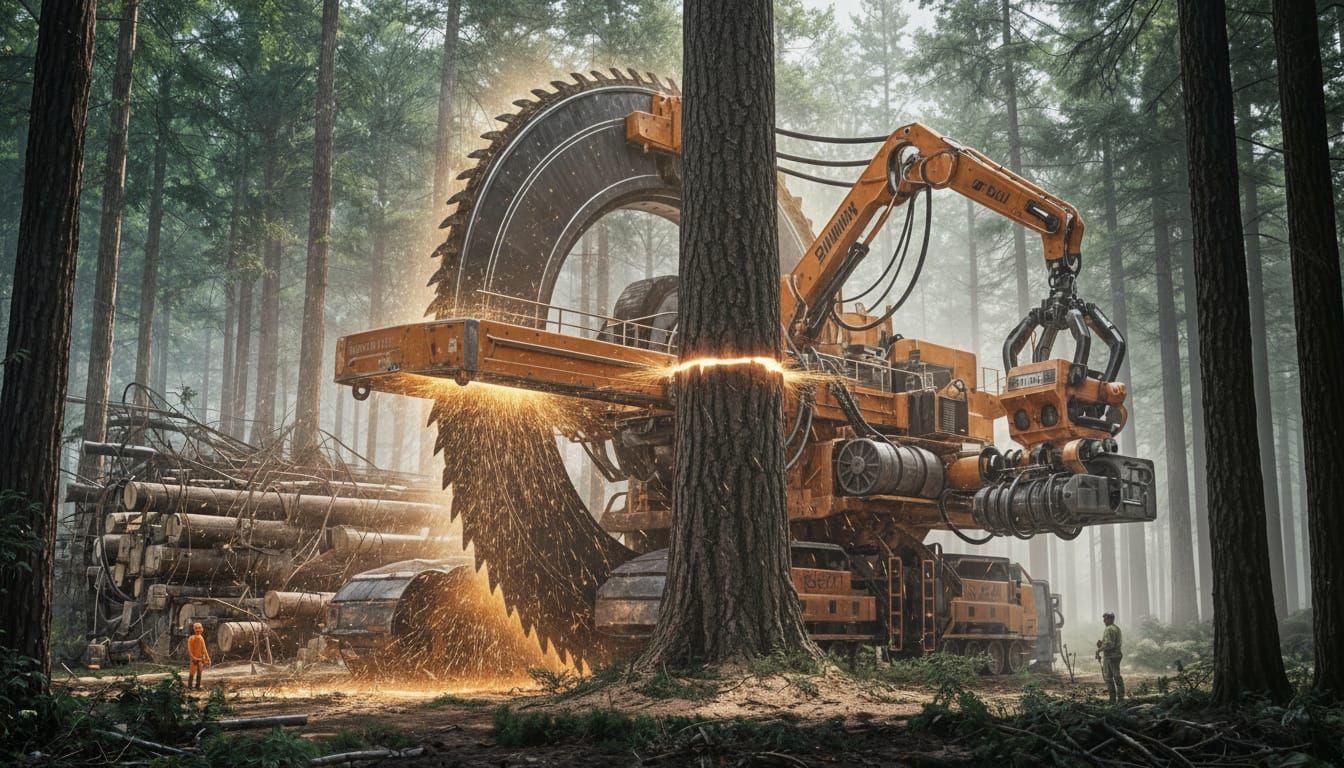 Giant Machine Felling Tree in Realistic Forest Scene