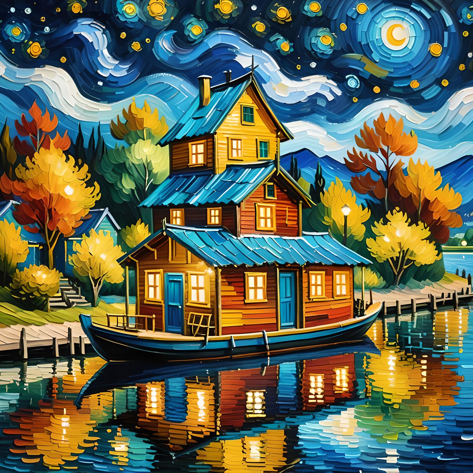 Houseboat at Night: An Impressionistic Oil Painting