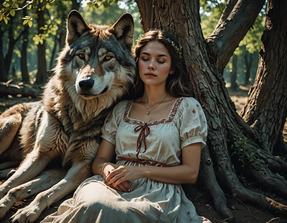 Sleeping Girl with Wolf in Cinematic Light