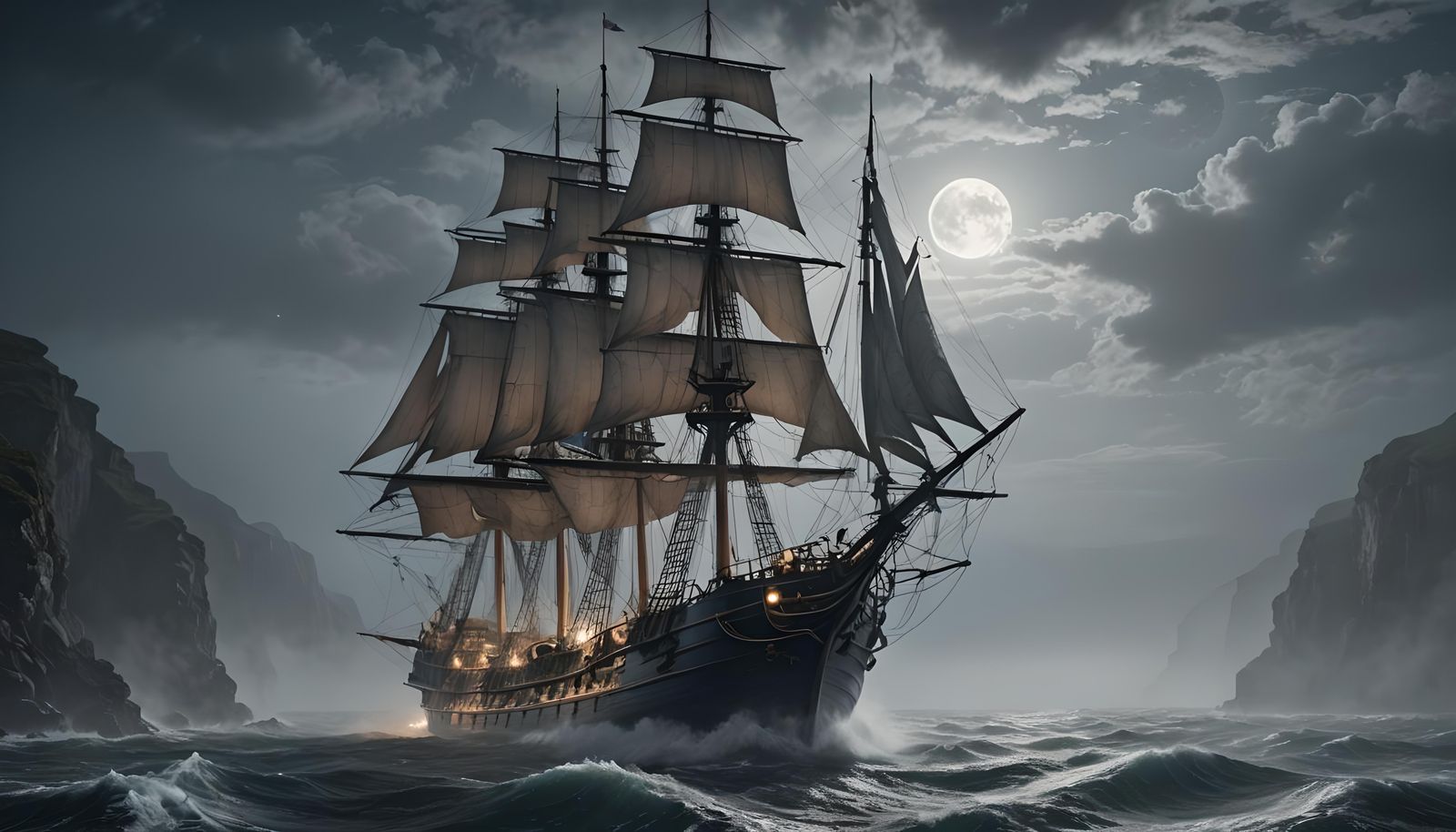 Ghostly Tall Ship Emerges from Mist at Sea