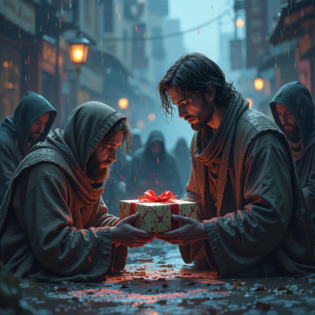 Sorrowful Figure Offers Gift to Impoverished Group