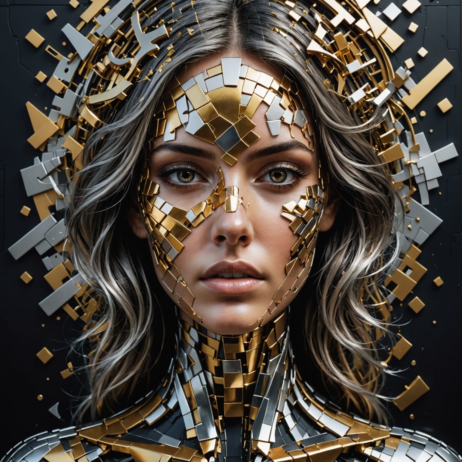 Surrealistic Portrait of a Woman in Intricate Metallic Puzzl...