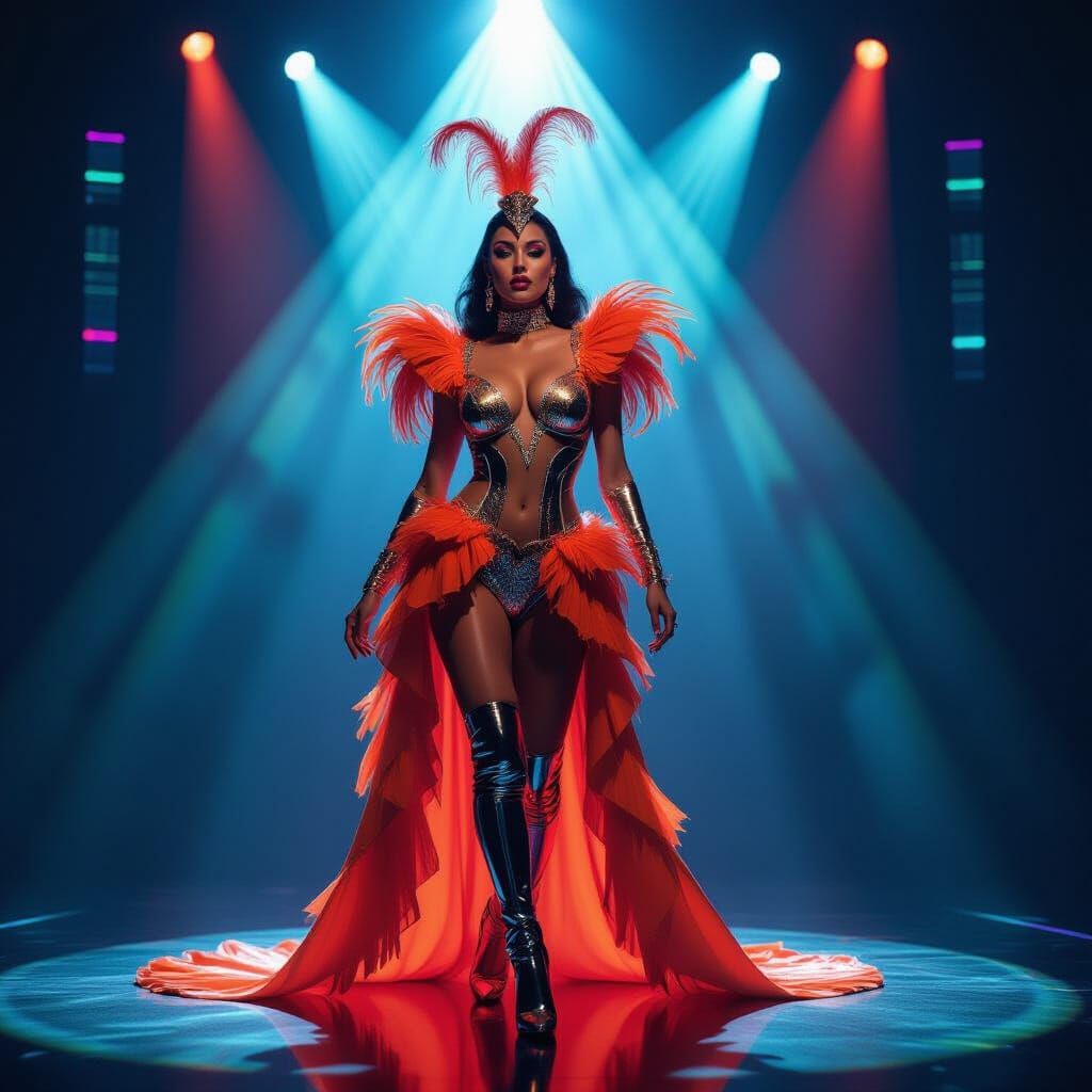 Dazzling Showgirl in Neon-Lit Futurism