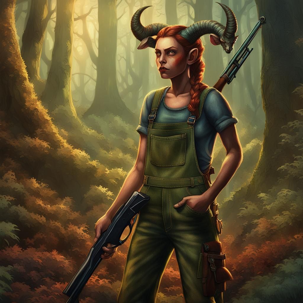 Dark Fantasy Tiefling Hunter in a Mystical Forest
