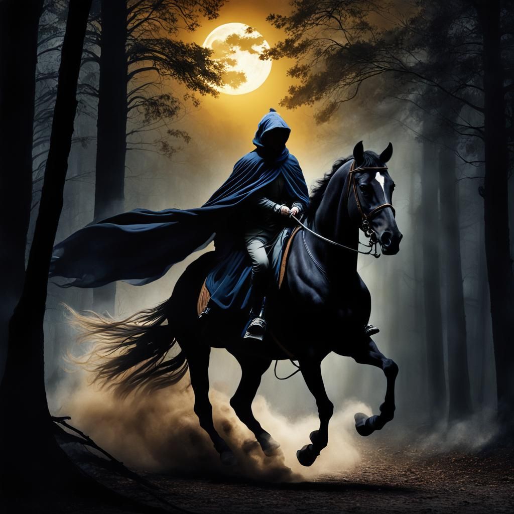 Ethereal Rider in Dark Forest: Watercolor and Ink