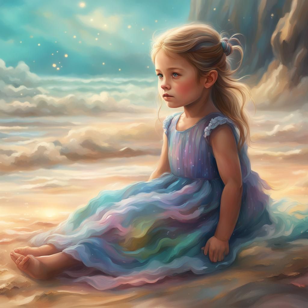Dreamy Beach Scene with Little Girl in Abstract Pastel Style