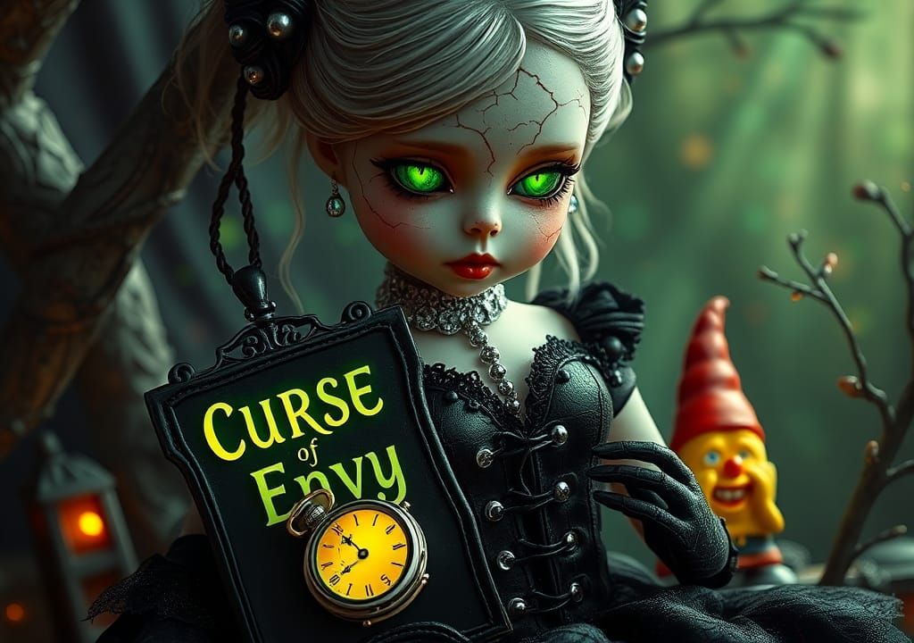 Gothic Doll with Emerald Eyes in Surreal Scene