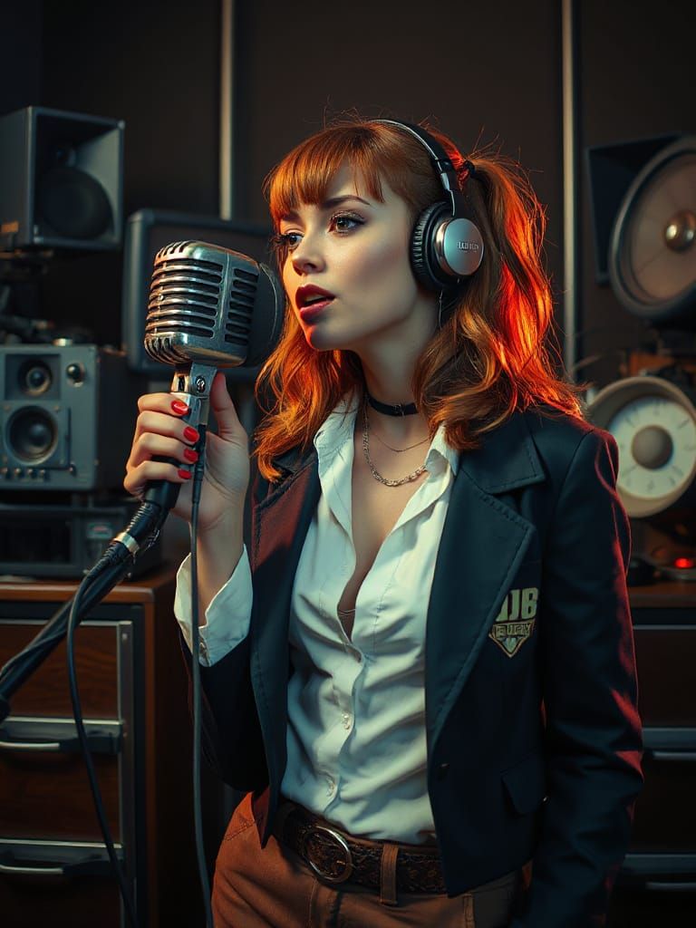 Modern Woman Broadcasting with Vintage Microphone