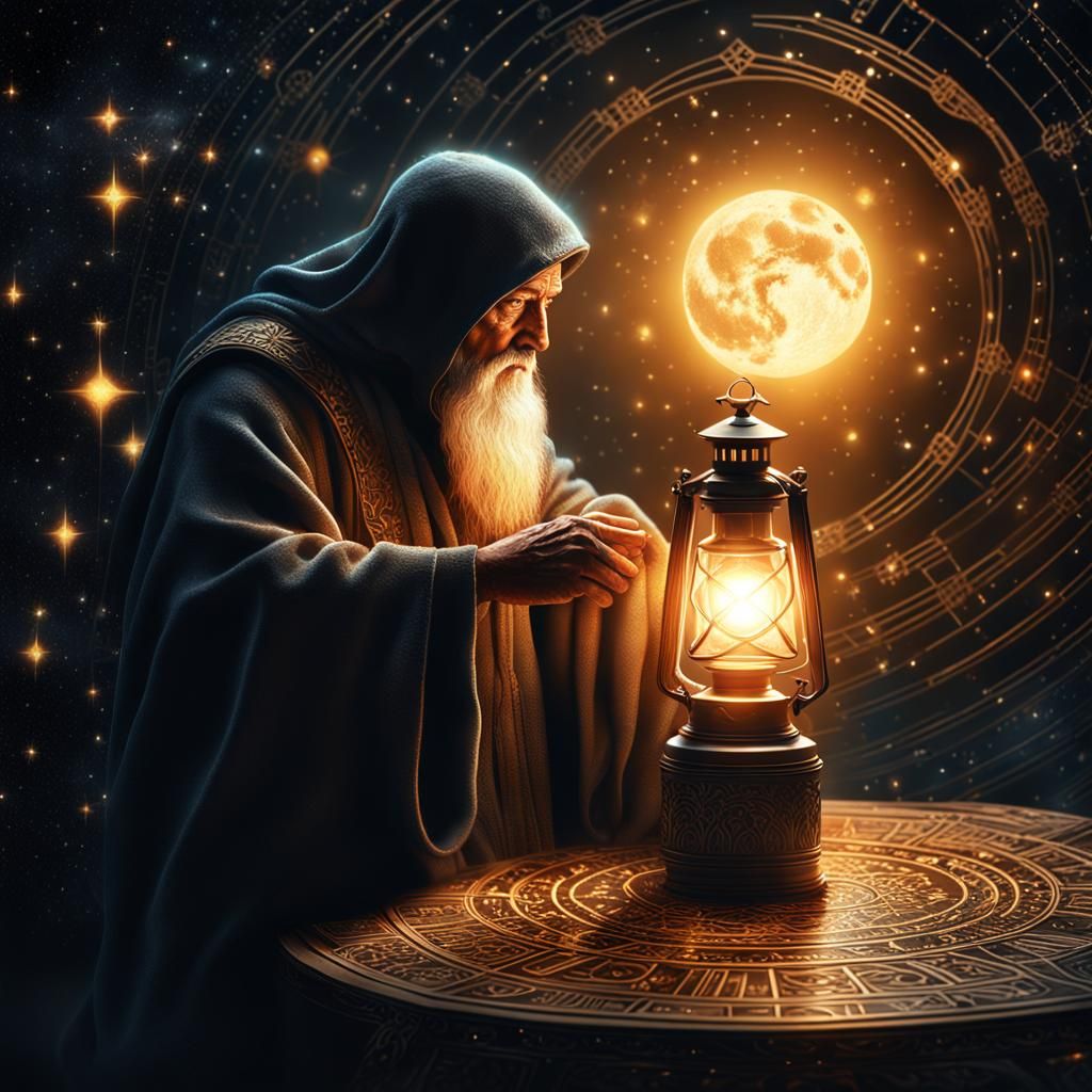 Mystical Hermit Tarot Card in Space, Hyperrealistic Art