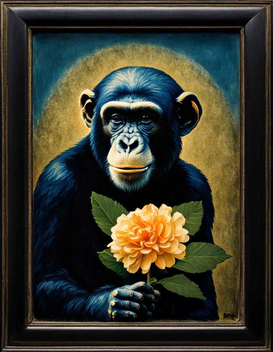 Chimp Holding Flower: Hyperrealistic Russian Symbolism
