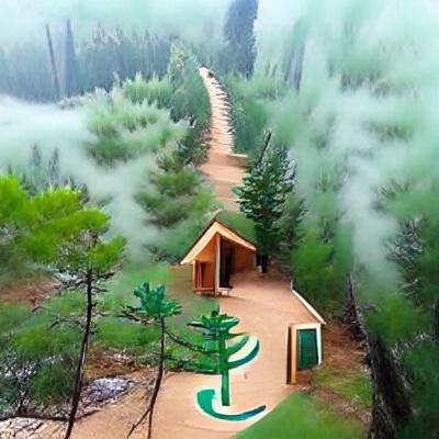 Hiking Trail Through Misty Green Pine Forest