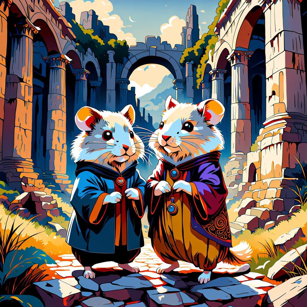 Hamster Couple in Victorian Attire Stands Amidst Ancient Rom...