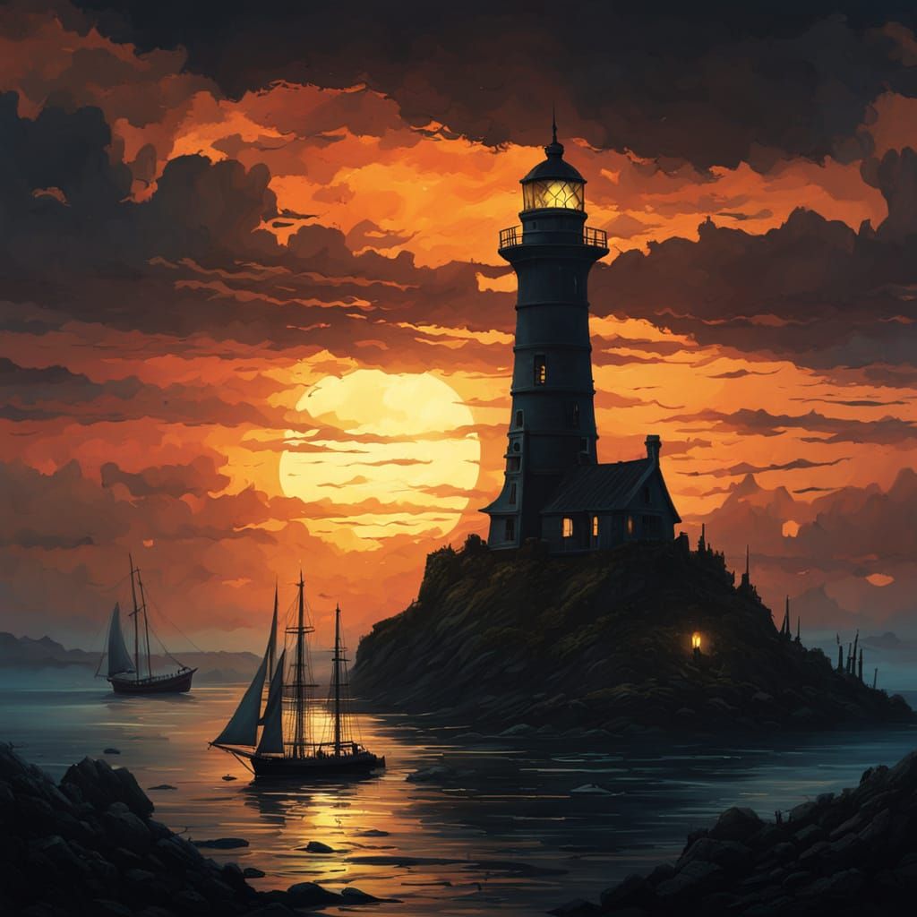 Dark Fantasy Lighthouse Sunset: Oil on Canvas Style