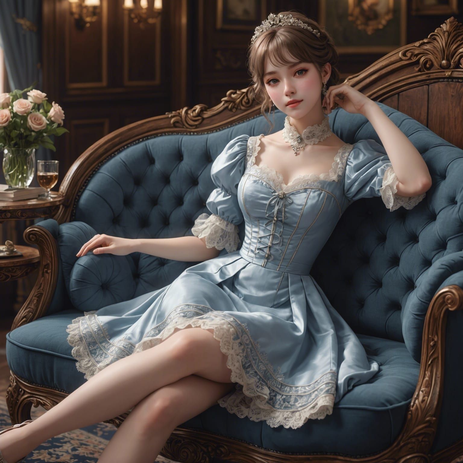 Anime Style Woman Lounging on Victorian Divan