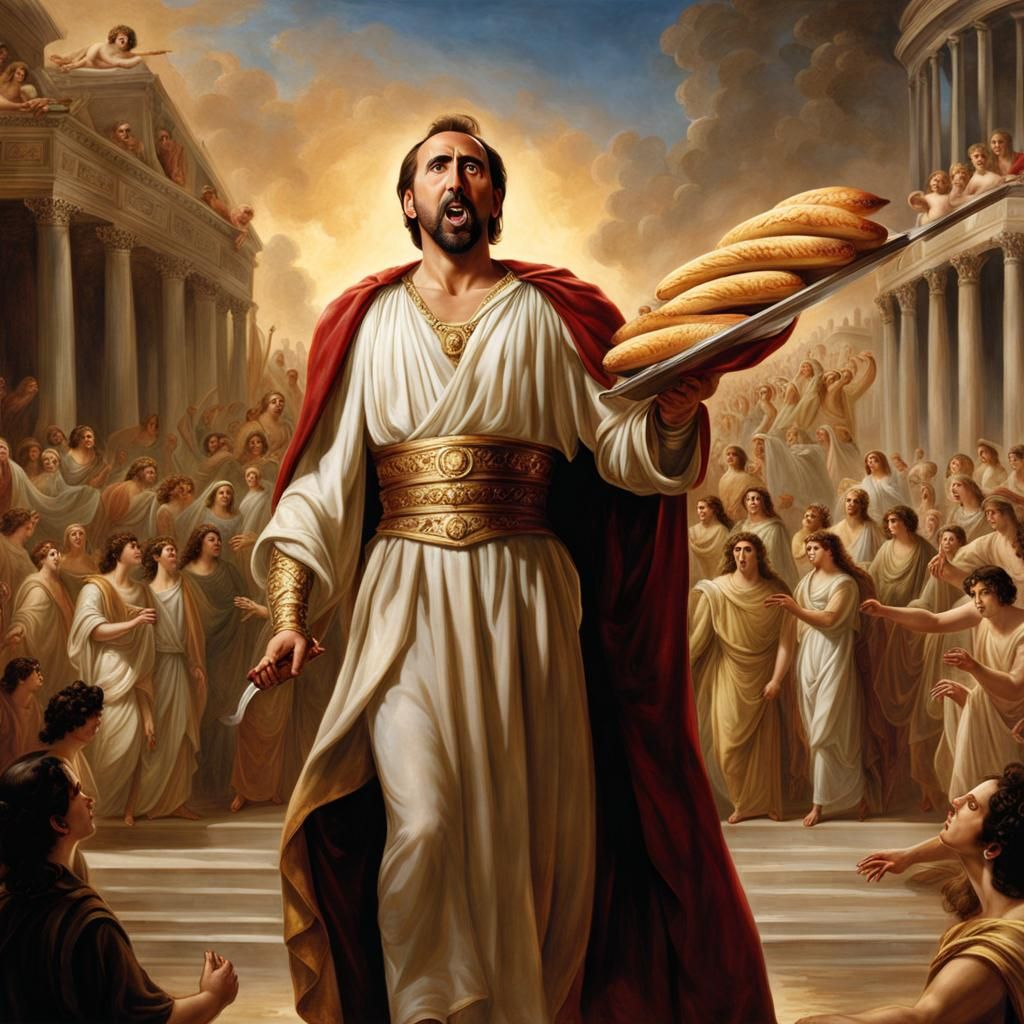 Nicolas Cage as Zeus Throws Baguette