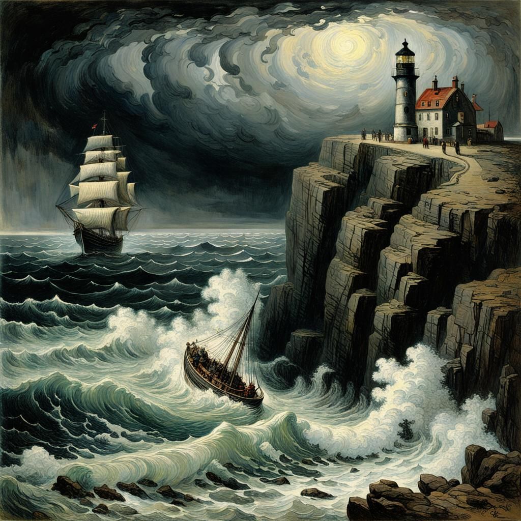 Lighthouse, Stormy Sea, Sailing Ship in Surreal Style